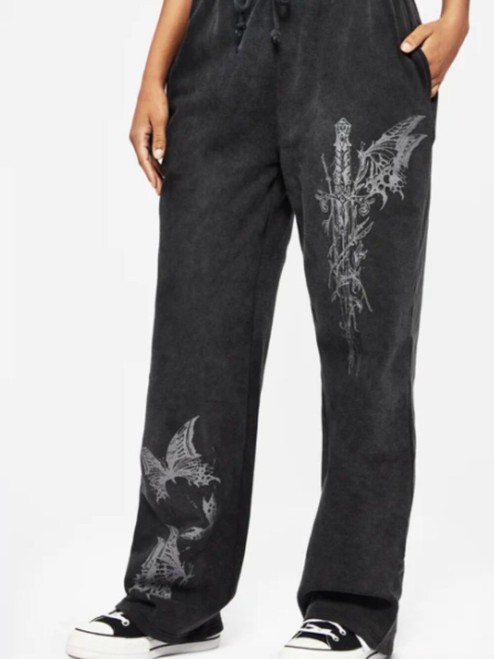 Graphic Wide-Leg Black Sweatpants with Drawstring Waist